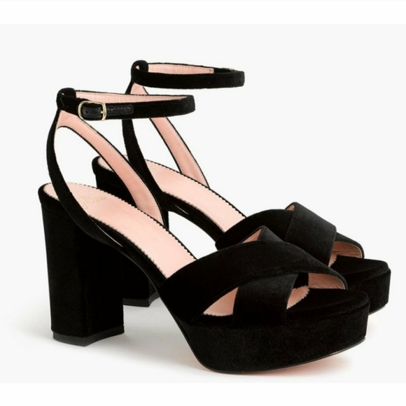 J. Crew Collection Criss-Cross Velvet Platform Heels Black 70s Retro Size 10 - Picture 2 of 6